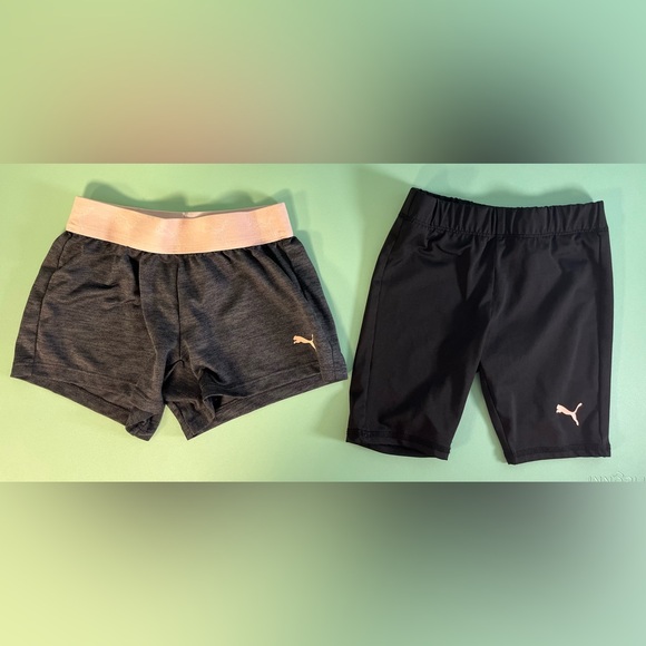 Puma Dark Grey with Pink Band Shorts & Black Puma Biker shorts lot, Girl size 5 - Picture 1 of 7
